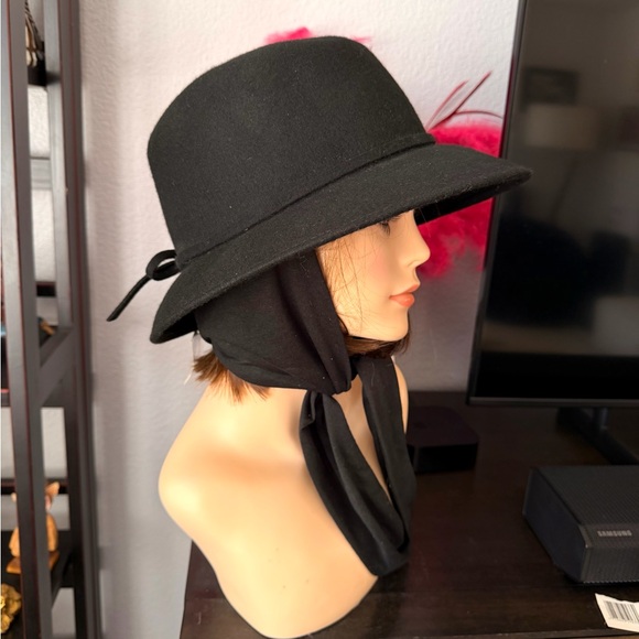 Vintage Black Wool Wide-Brim Hat with Scarf - Picture 4 of 10